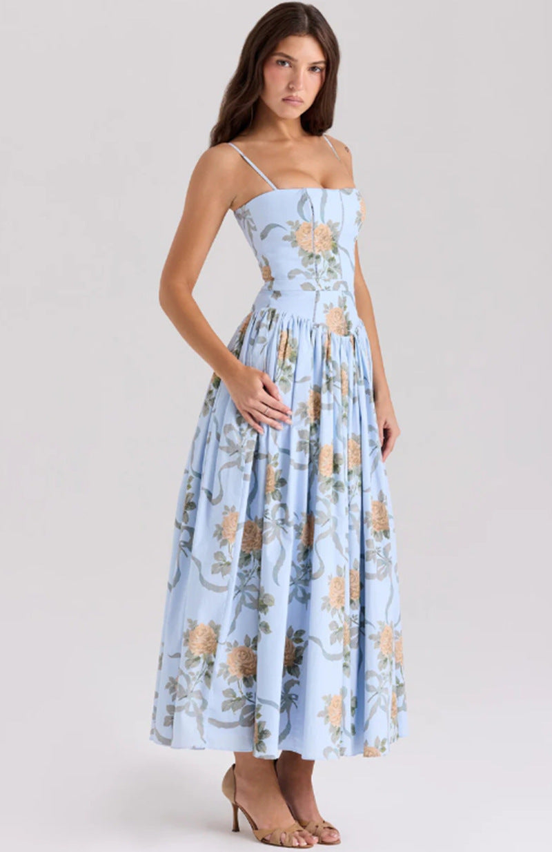 Elegant & Gentle Style Slimming Floral Spaghetti Strap Ethereal Maxi Dress