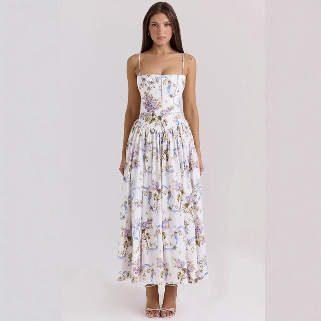 Elegant & Gentle Style Slimming Floral Spaghetti Strap Ethereal Maxi Dress