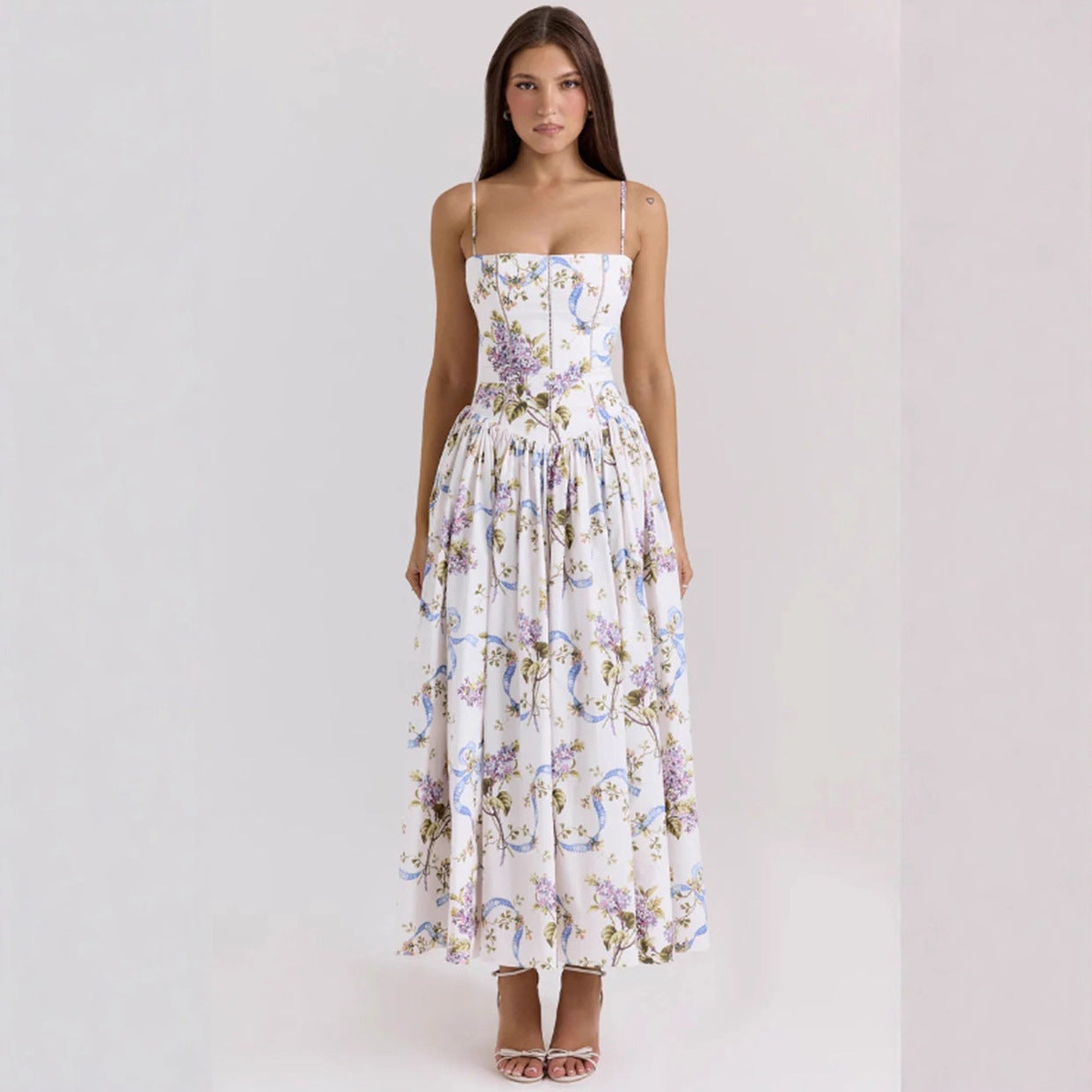 Elegant & Gentle Style Slimming Floral Spaghetti Strap Ethereal Maxi Dress