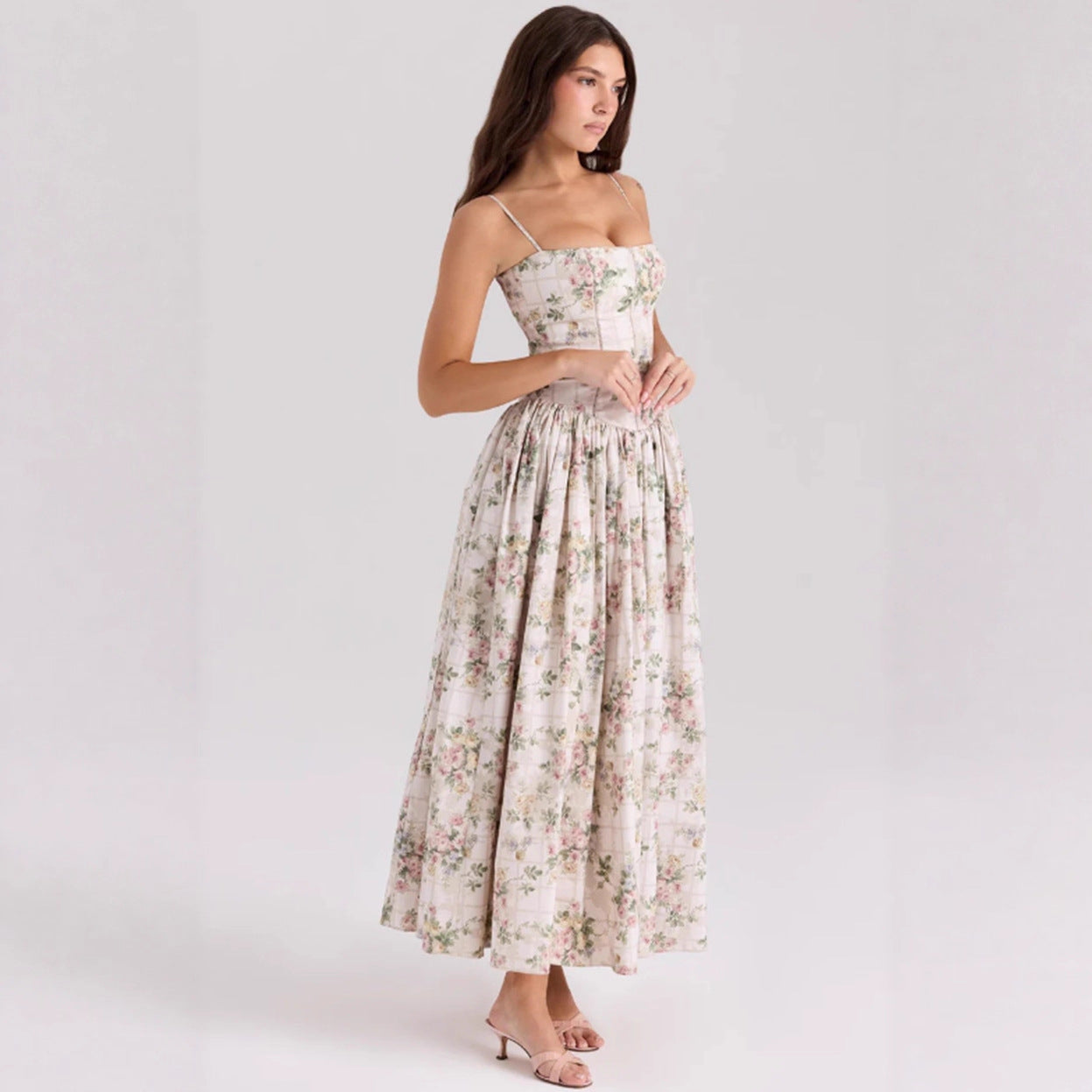 Elegant & Gentle Style Slimming Floral Spaghetti Strap Ethereal Maxi Dress
