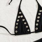 Ins Niche French Style Sexy Metal Ring Pure Desire Halterneck Retro Girl Bikini Swimsuit Set