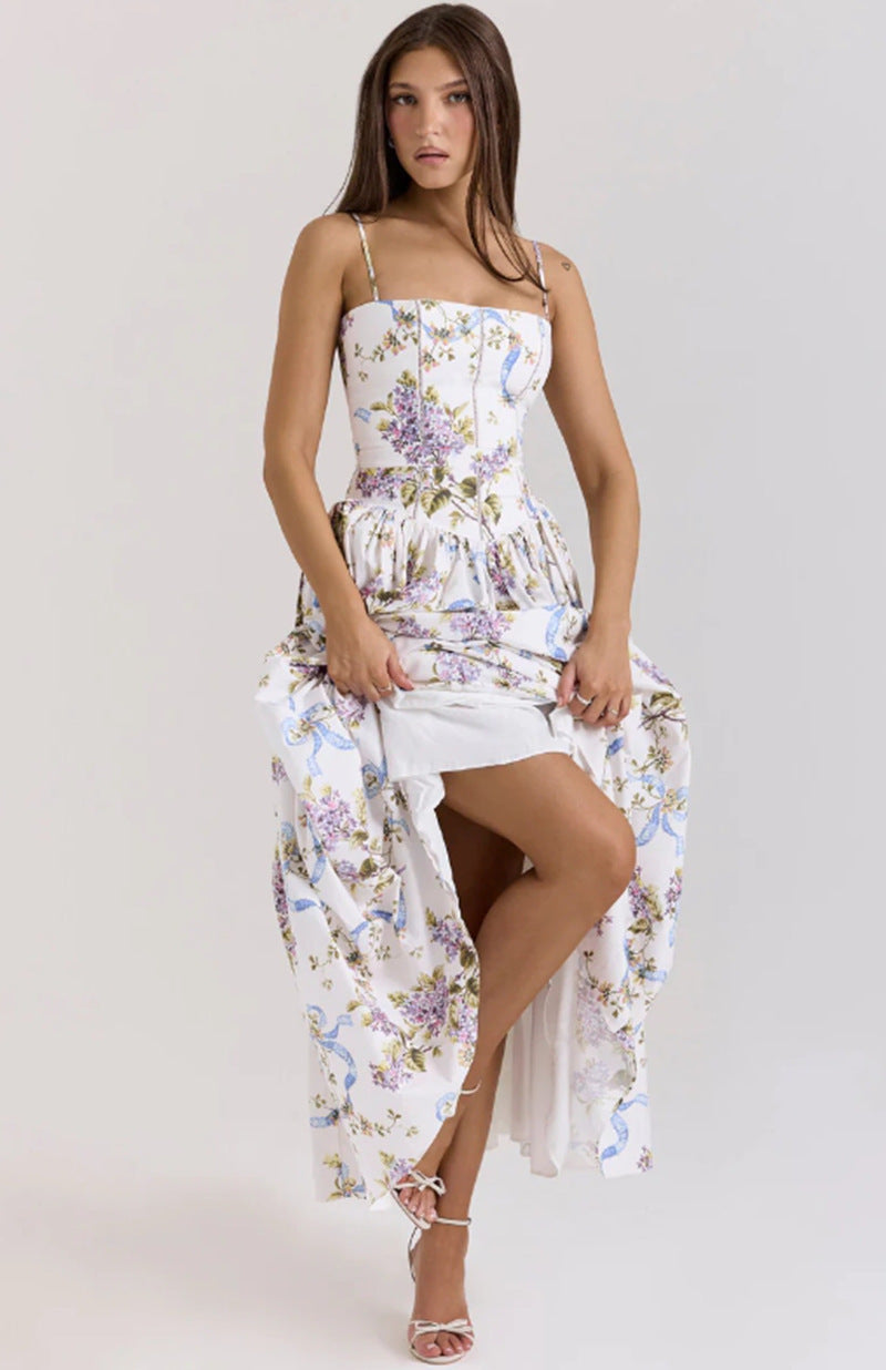 Elegant & Gentle Style Slimming Floral Spaghetti Strap Ethereal Maxi Dress