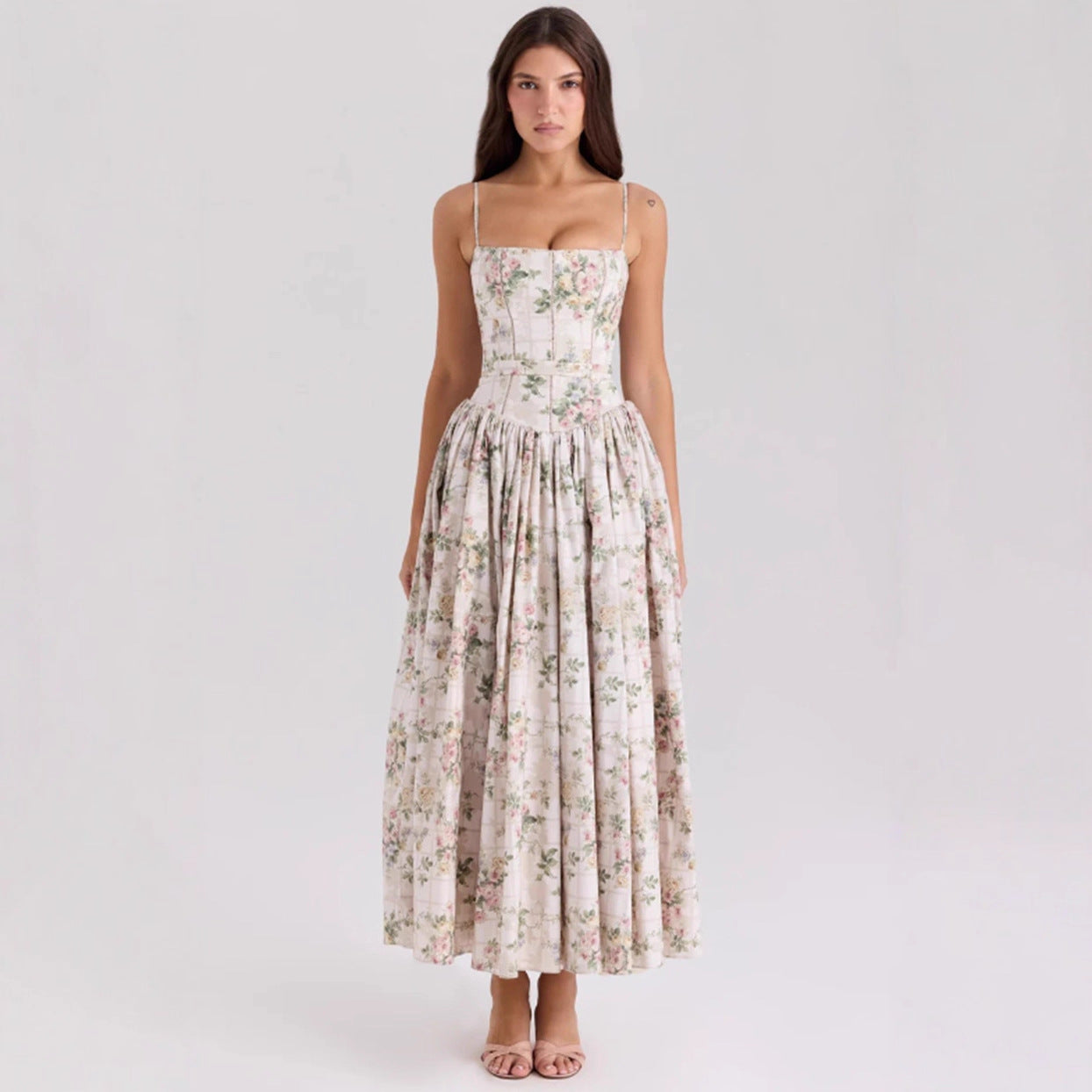 Elegant & Gentle Style Slimming Floral Spaghetti Strap Ethereal Maxi Dress