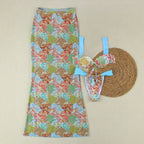 Spring Sexy Hot Girl Color Block Print Strappy Top High Waist Skirt Three Piece Set