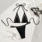 Ins Niche French Style Sexy Metal Ring Pure Desire Halterneck Retro Girl Bikini Swimsuit Set