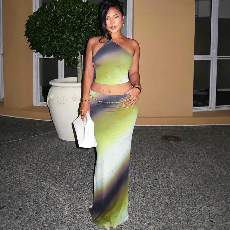 Gradient One Shoulder Backless Slim Fit Long Skirt Set