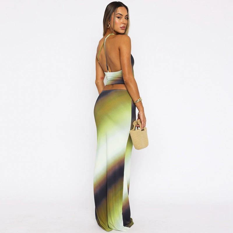 Gradient One Shoulder Backless Slim Fit Long Skirt Set