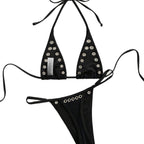 Ins Niche French Style Sexy Metal Ring Pure Desire Halterneck Retro Girl Bikini Swimsuit Set