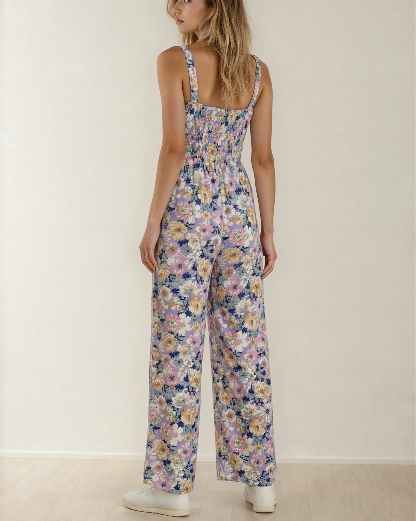 Angelica Square Neckline Stretch High Waist Jumpsuit - Purple Floral