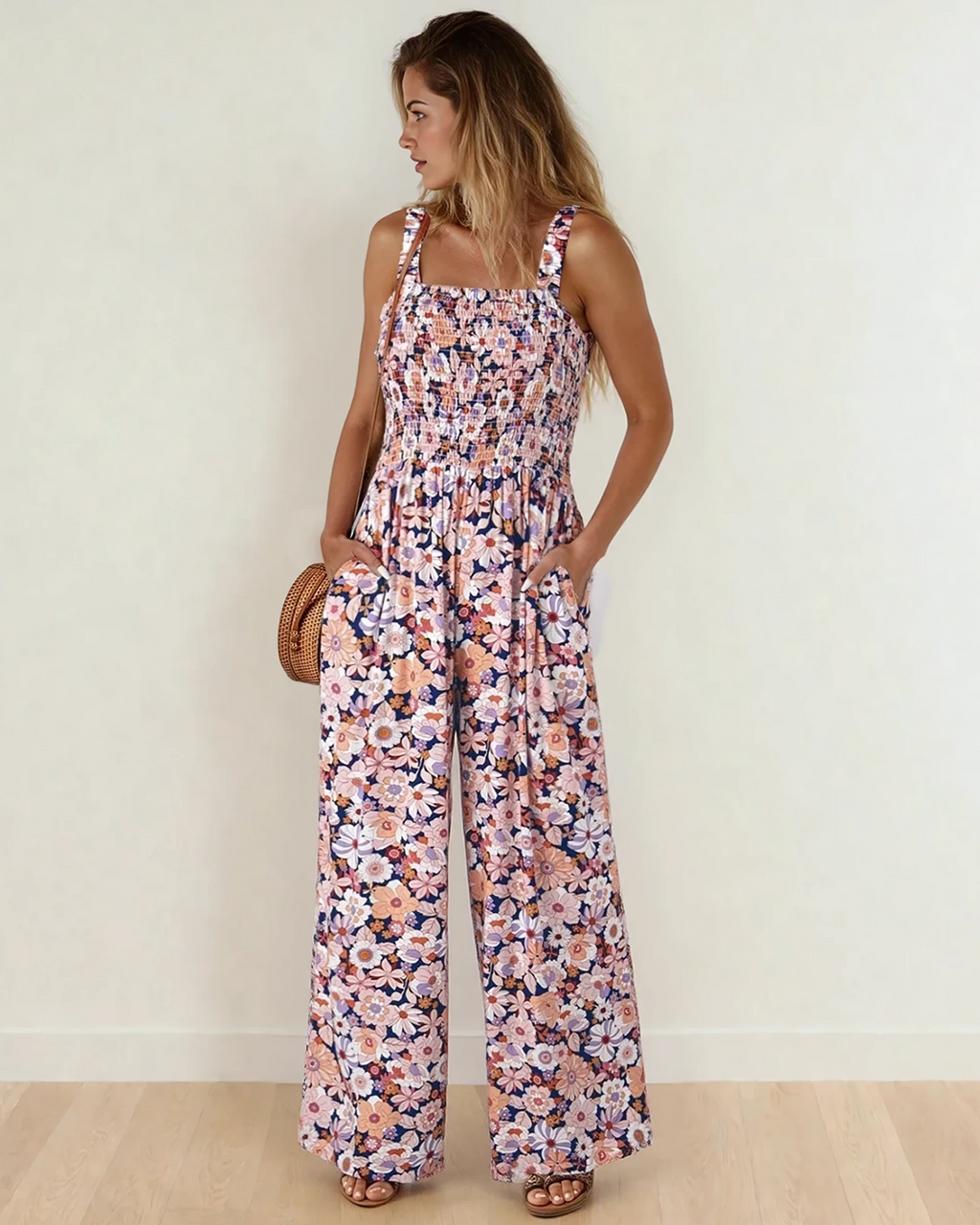 Angelica Square Neckline Stretch High Waist Jumpsuit - Pink Floral
