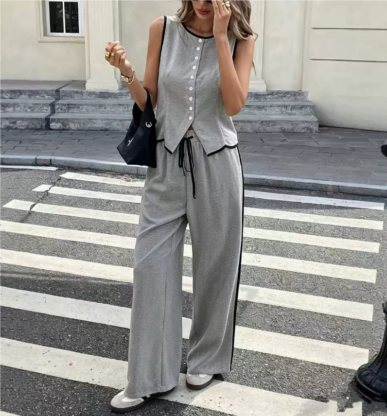 Women's Contrast Color Sleeveless Vest & Drawstring Trousers Suit