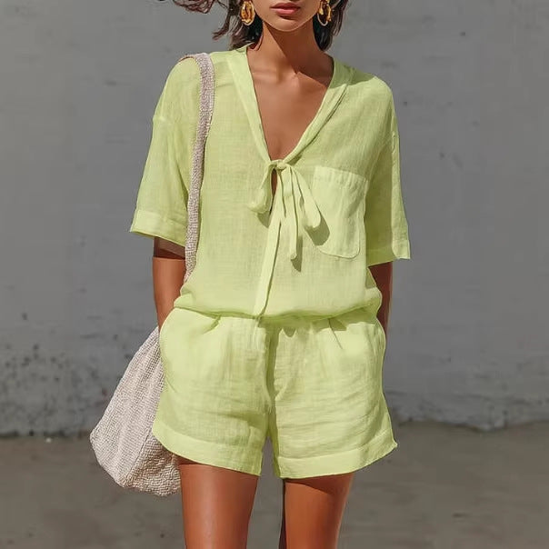 Women's Lace-Up Short-Sleeve Shirt & Loose Shorts Set