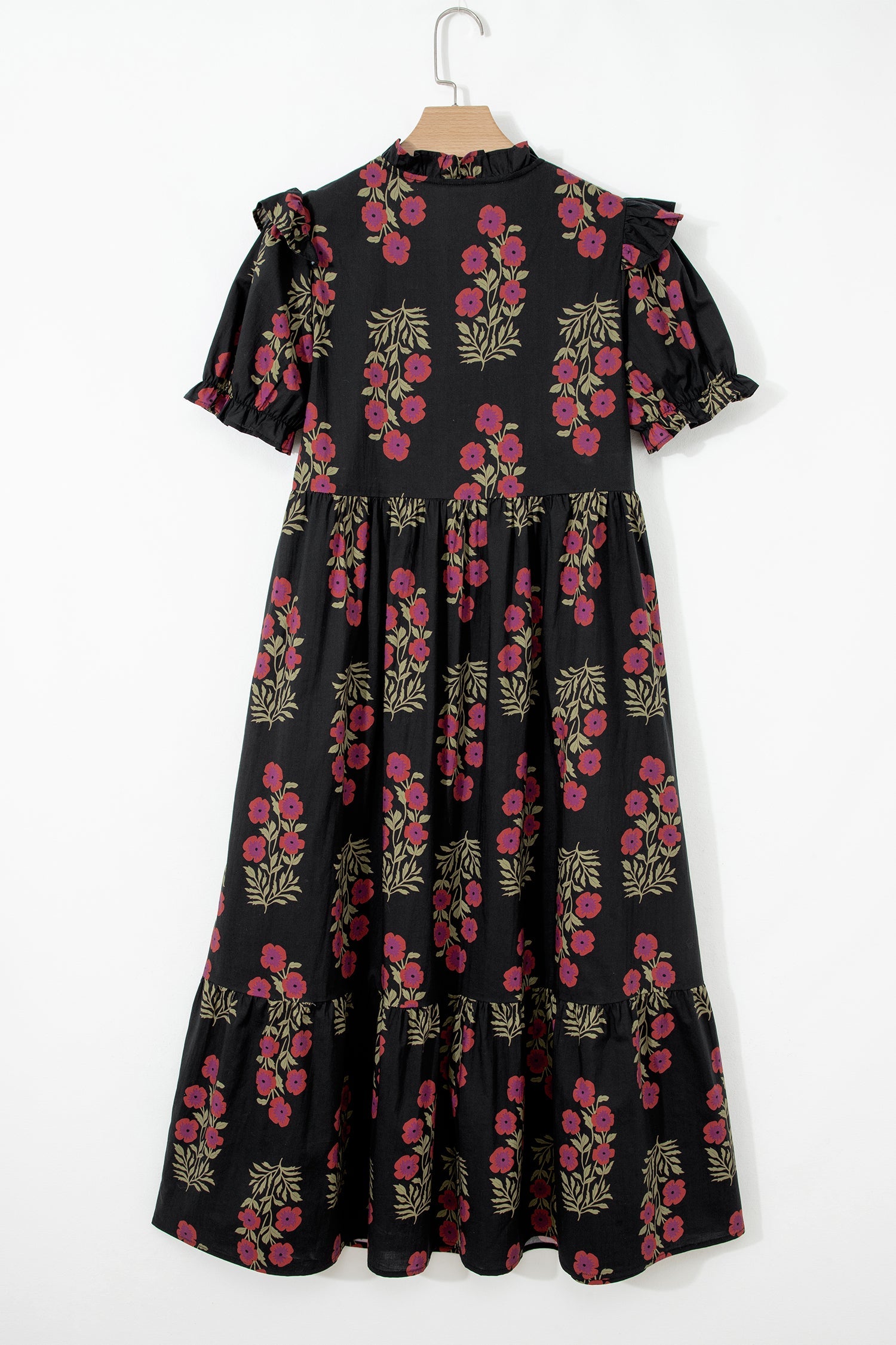 Kali Floral Short Bubble Sleeve Tiered Maxi Dress - Black
