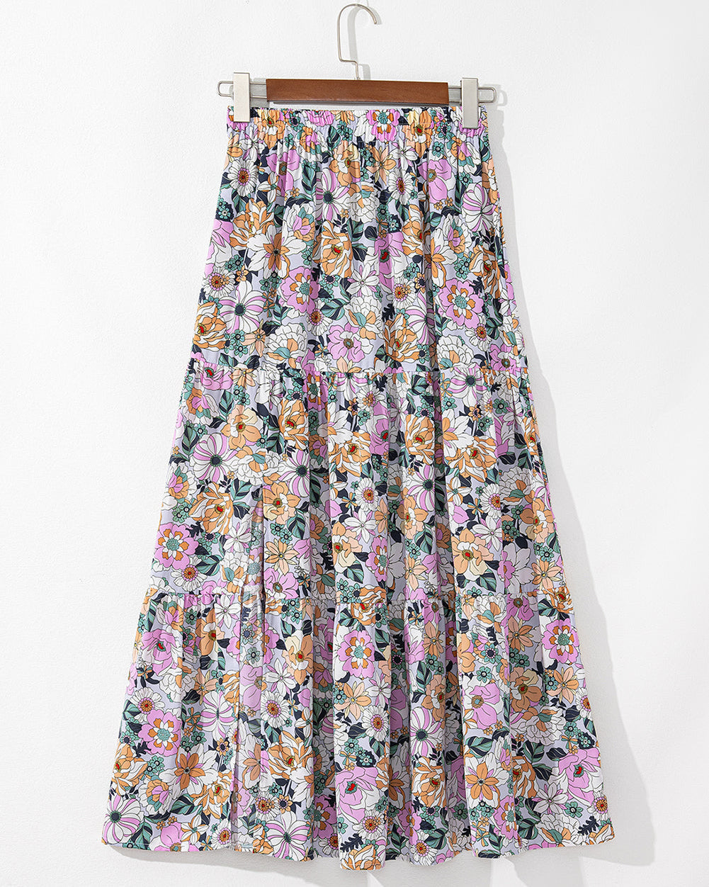 Alethea Bohemian Floral Print Tiered Maxi Skirt with Split - Sky Blue