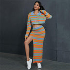 Stripe Sweater Crop Top Matching Long Skirt Split