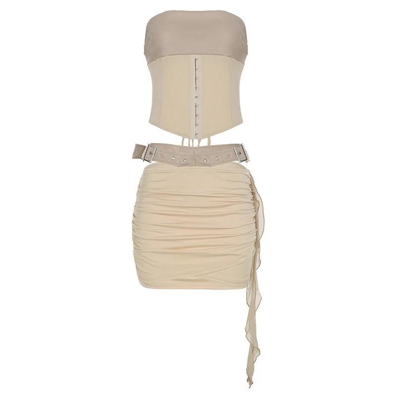 Lace-up Tube Top Leather Look Low Rise Hip Belted Skirt Set