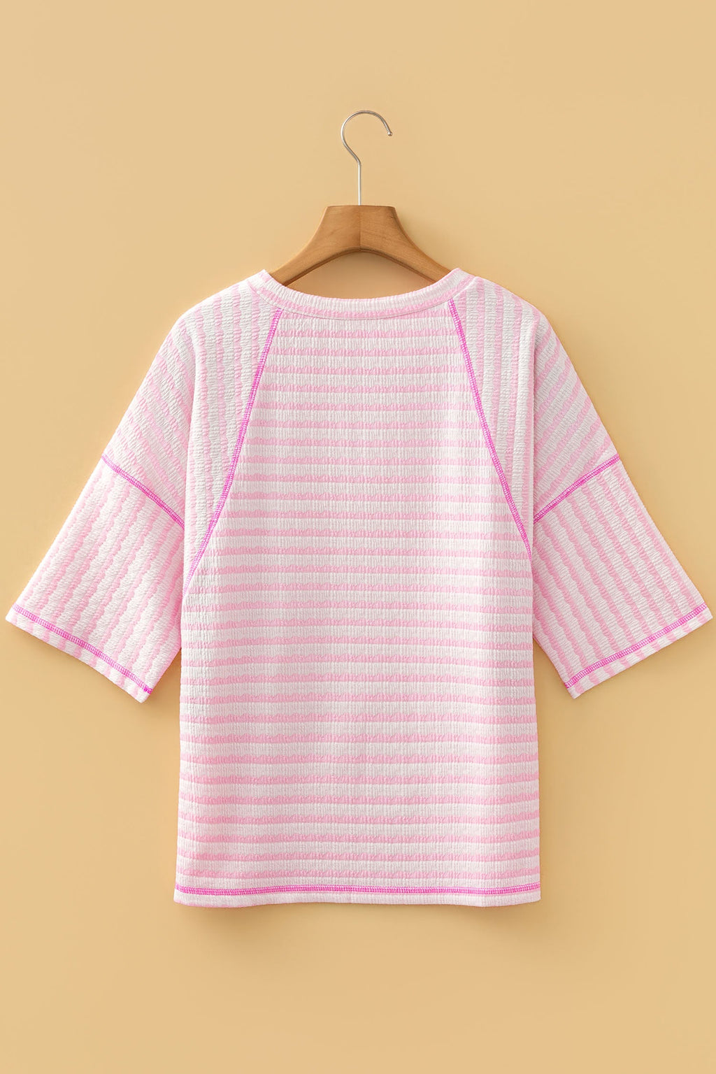 Noelle Textured Knit Split Hem Half Sleeve Loose Top - Pink