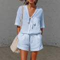 Women's Lace-Up Short-Sleeve Shirt & Loose Shorts Set
