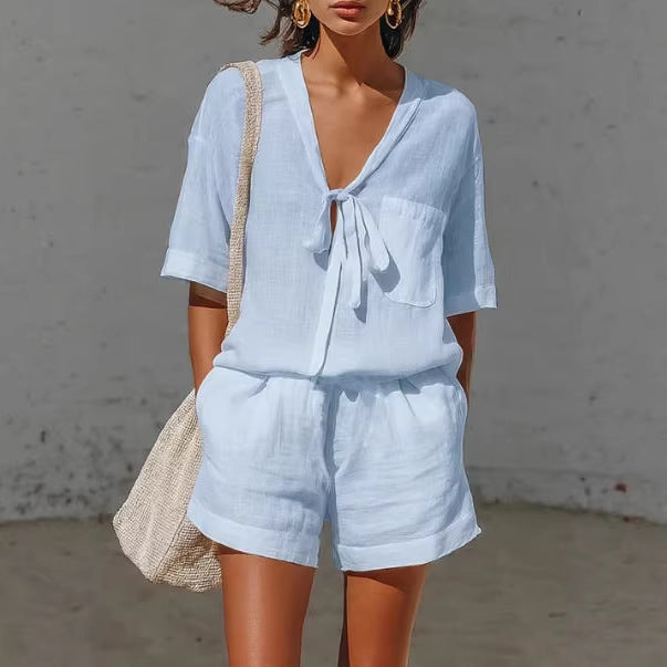 Women's Lace-Up Short-Sleeve Shirt & Loose Shorts Set