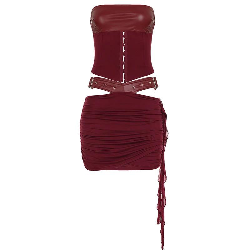 Lace-up Tube Top Leather Look Low Rise Hip Belted Skirt Set