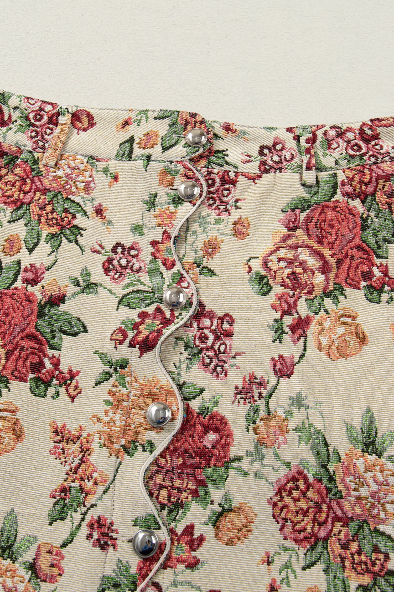 Buttoned Front Floral Scalloped Trim Mini Jacquard Floral Skirt