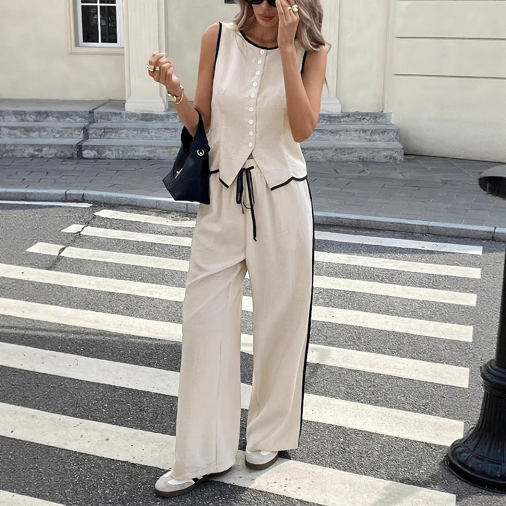 Women's Contrast Color Sleeveless Vest & Drawstring Trousers Suit
