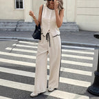 Women's Contrast Color Sleeveless Vest & Drawstring Trousers Suit
