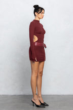 Mock Neck Belted Open Back Mini Knit Dress | Chic Ribbed Knit Style