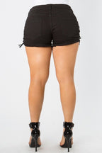 Paula Plus Size-mid Rise Out Seam Lace Up Black Shorts