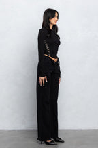 V-Line Folded Detail Destroyed Twill Pants | Raw Hem Street Style